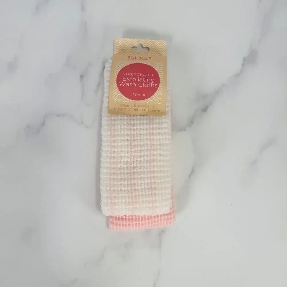 Spa Bella NWT Stretch Exfoliating Wash Cloths 2 Pack Pink White Body Scrubber
